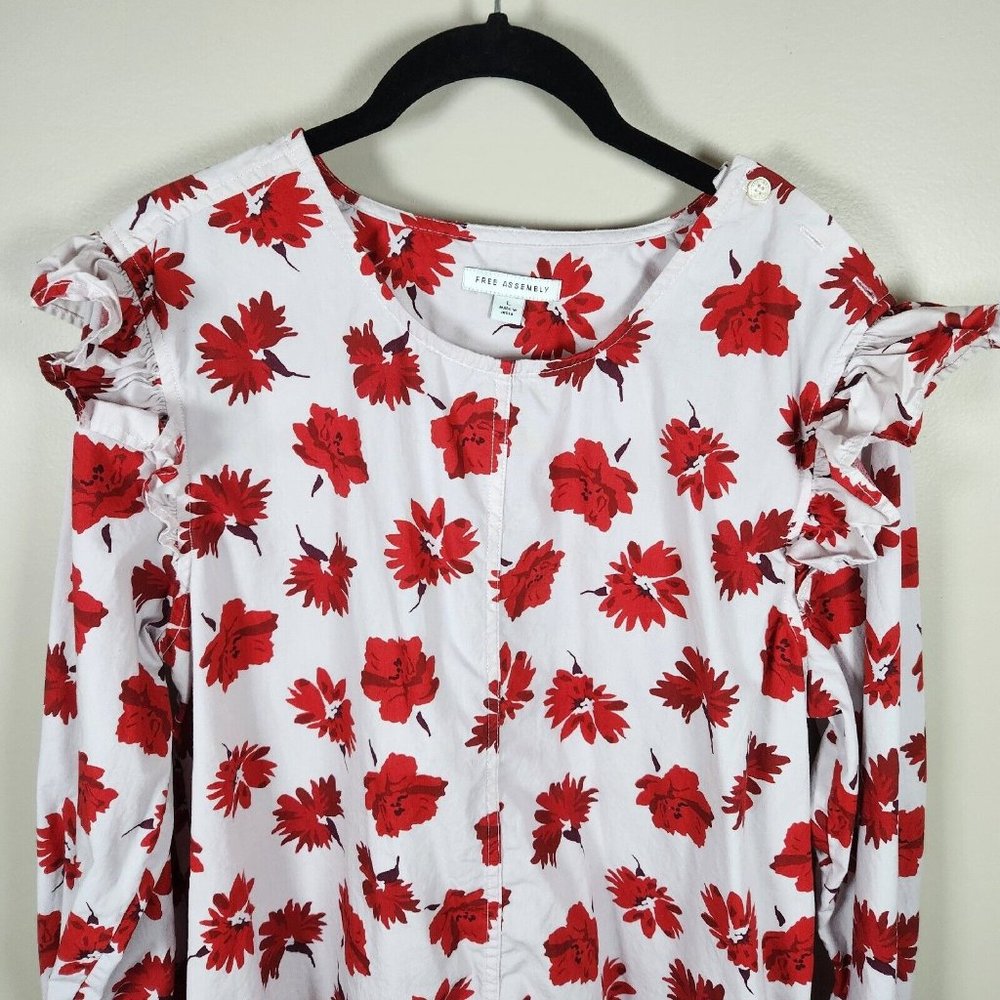 Free Assembly Shirt Womens Large Pink Floral Cotton Ruffle Sleeve High Low Top - Picture 2 of 11